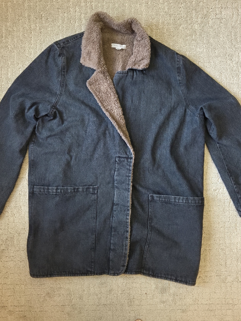 Loveriche Fleece Lined Denim Jacket Dark Wash Sherpa Collar Coat Womens L